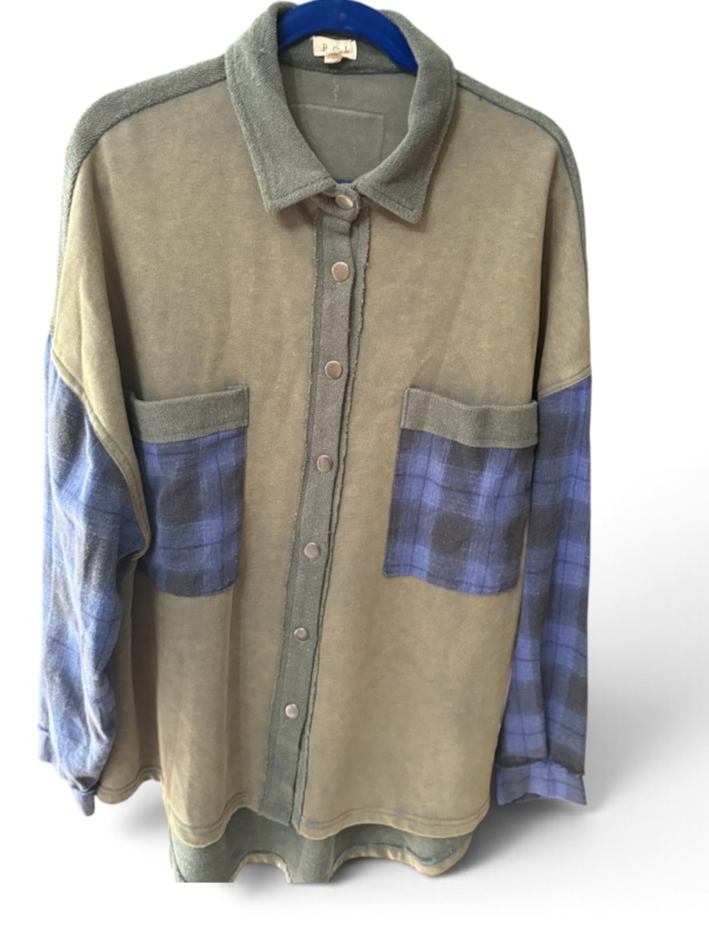 POL Olive Utility Jacket with Blue Plaid Pockets oversized